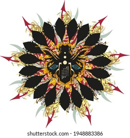 Beautiful decorative flower with insect inside. A star-shaped grunge flower with colored and golden splashes, elements of red arrows and, an insect in the center for creative ideas, prints, cards