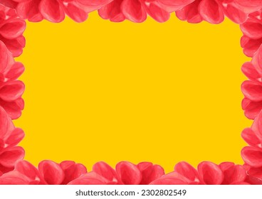 A beautiful decorative frame made of blooming red flowers on a yellow background