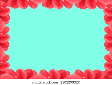 A beautiful decorative frame made of blooming red flowers on a pastel blue background