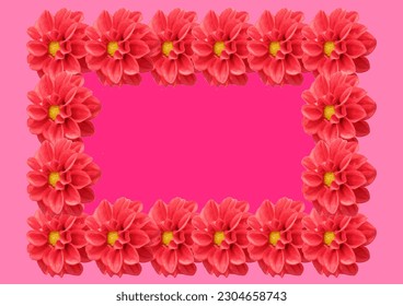 A beautiful decorative frame made of blooming red flowers on a pastel pink background