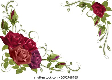 Beautiful decorative frame of roses.Colored vector illustration with a frame of red roses and floral decoration.