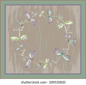 Beautiful decorative framework with dragonfly. Greeting card with dragonfly.