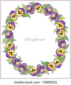 Beautiful decorative framework with flowers. Greeting card with pansies.