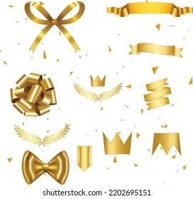 beautiful Decorative golden bow with long yellow ribbon isolated on white background. Christmas and New Year holiday decoration. Vector illustration