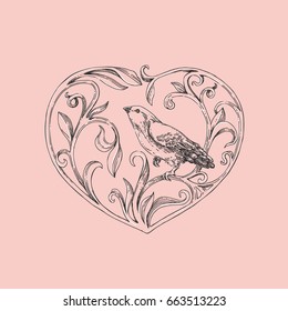 Beautiful decorative heart with bird and floral ornament. Vintage style. Vector illustration.