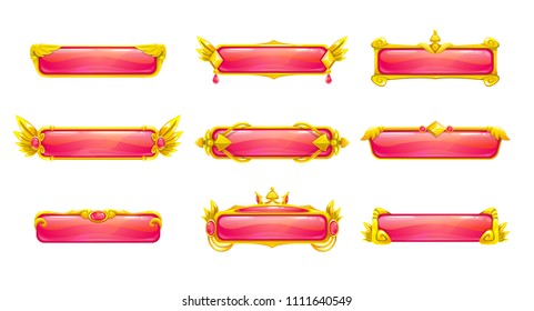 Beautiful decorative long horizontal buttons set. Golden banners with red ruby crystal. Vector assets for web or game design.