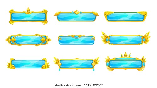 Beautiful decorative long horizontal buttons set. Golden banners with blue crystal. Vector assets for web or game design.