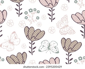 beautiful decorative  mild pastel colour flowers and butterfly seamless pattern