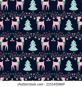 beautiful decorative New Year's deer with huge antlers decorated with Christmas and New Year's toys and a small holiday tree. Seamless vector pattern for printing on wallpaper, paper and fabrics