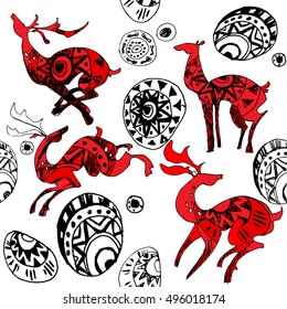Beautiful decorative pattern with red deers and abstract ornament