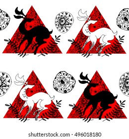 Beautiful decorative pattern with red deers, geometry, and abstract ornament