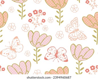 beautiful decorative  pink green orange colour flowers and butterfly seamless pattern