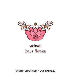 Beautiful decorative pink Mehndi Lotus or waterlily flower for logo template, beauty, wellness and spa salon signboard isolated on white background. Buddha symbol