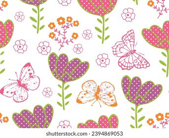 beautiful decorative  red violet orange colour flowers and butterfly seamless pattern