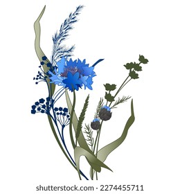Beautiful decorative romantic bouquet of wild herbs and blue flowers and cornflower buds for holidays and celebrations
