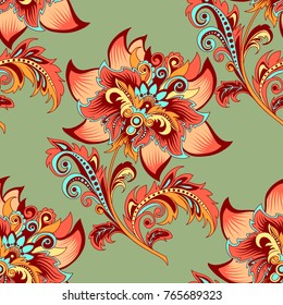 beautiful decorative seamless floral ornament with red flowers on a green background for design, colorful pattern with stylized abstract flowers in retro style for decoration
