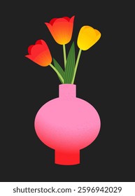 Beautiful decorative spring bouquet with blooming flowers  in glass vase vector flat illustration. Trendy Botanical Plants. colorful tulips