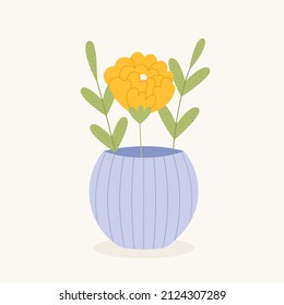 Beautiful decorative spring floristic composition with blooming flower in modern vase. Bunch of garden or wild elegant plant isolated. Vector flat illustration. 
