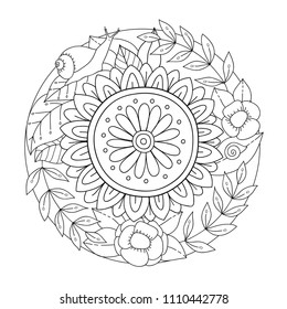 Beautiful decorative summer outline floral mandala with flowers and leaves, and snail. Coloring page for adults. Vector decorative illustration.