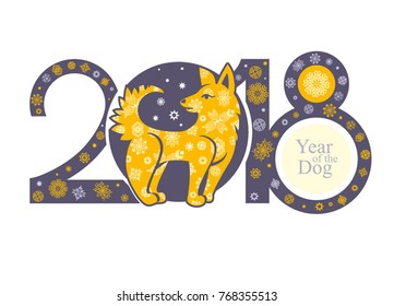 Beautiful Decorative template with a cute Yellow Dog. 2018 New Year's design.