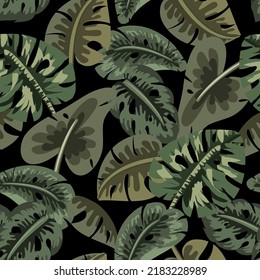 Hermoso, decorativo, tropical sin costuras con hojas verdes exóticas, ilustración de la jungla
