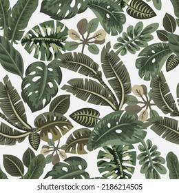 Beautiful, decorative, tropical seamless pattern with exotic green leaves, jungle illustration