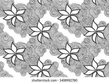 Beautiful decorative vector seamless endless texture with hand drawn flowers and figured lines