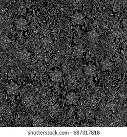 Beautiful decorative vector seamless endless pattern with handwritten curling lines, figured lacy shapes and flowers