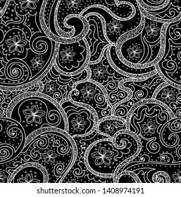 Beautiful decorative vector seamless pattern with  figured lines, ornaments and flowers