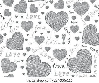 Beautiful decorative vector seamless pattern with chalk drawn hearts and the words of love on a white piece of paper