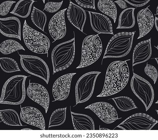 Beautiful decorative vector seamless pattern with hand drawn autumn leaves, linear ornaments