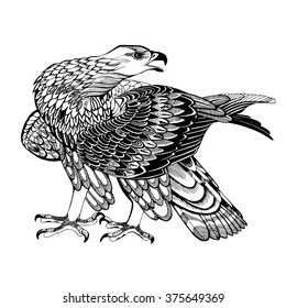 Beautiful decorative vector stylized black and white eagle with beautiful ornate wings and tail, isolated on white background.