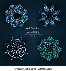 Beautiful decorative vector white winter snowflakes on a dark blue background. Art works.