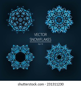 Beautiful decorative vector white winter snowflakes on a dark blue background 