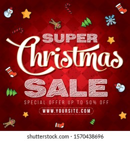 Beautiful deep red banner with holiday icons for super Christmas SALE v2