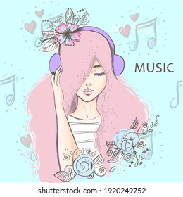 Beautiful deep in thought girl with long pink hair listening to music on headphones with notes background