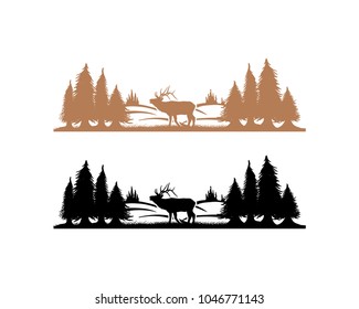 Beautiful Deer Animal on the Park Pine Tree Silhouette Symbol Vector