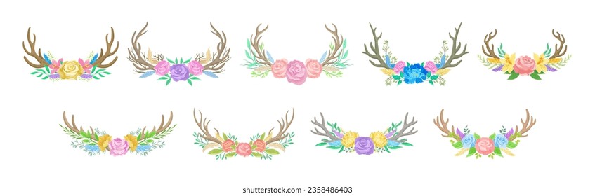 Beautiful Deer Antlers or Horns with Blooming Flowers Bouquet Vector Set