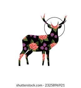 Beautiful deer with big horns are decorated by floral pattern. Vector concept illustration. Spirit of spring, beauty, nature care. Ethnic elements.