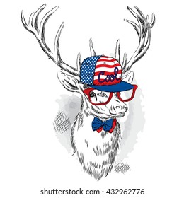 Beautiful deer in the cap, glasses and tie. Vector illustration for a card or poster. Print on clothes and accessories.