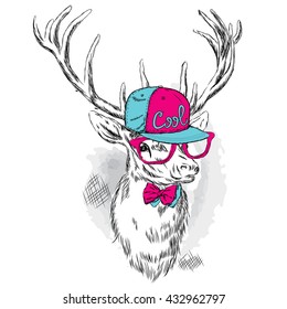 Beautiful deer in the cap, glasses and tie. Vector illustration for a card or poster. Print on clothes and accessories.