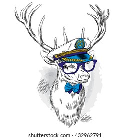 Beautiful deer in the captain's cap, glasses and tie. Vector illustration for a card or poster. Print on clothes and accessories.