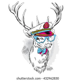Beautiful deer in the captain's cap, glasses and tie. Vector illustration for a card or poster. Print on clothes and accessories.