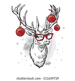 Beautiful deer with Christmas balls on the glasses. Vector illustration.