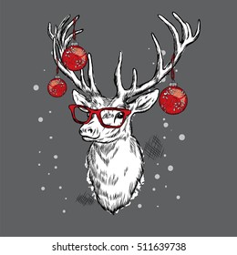 Beautiful deer with Christmas balls on the glasses. Vector illustration.