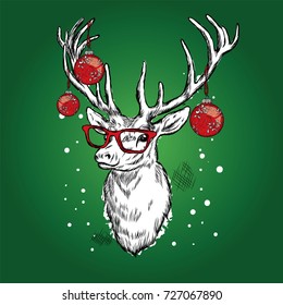 Beautiful deer with Christmas balls on the glasses. Vector illustration.