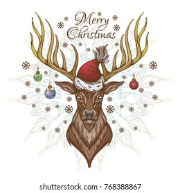 Beautiful deer with Christmas decorations. Vector illustration for greeting cards, posters and other items.
