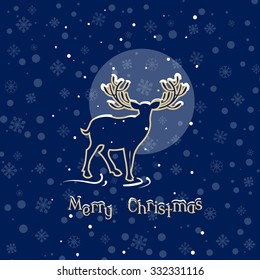 Beautiful deer christmas night silhouette reindeer snow moonlight vintage vector illustration 
