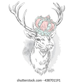 Beautiful deer in the crown. Vector illustration for a card or poster. Print on clothes. Hipster.