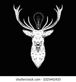 A beautiful deer and an electric light bulb. Vector illustration for a postcard or a poster, print for clothes. Fashion & Style.